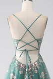 Green A-Line Spaghetti Straps Long Ball Dress With Sparkly Sequin Appliques