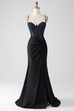 Black Mermaid Spaghetti Straps Long Corset Ball Dress With Beading