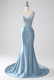 Grey Blue Mermaid Spaghetti Straps Long Beaded Ball Dress With Appliques