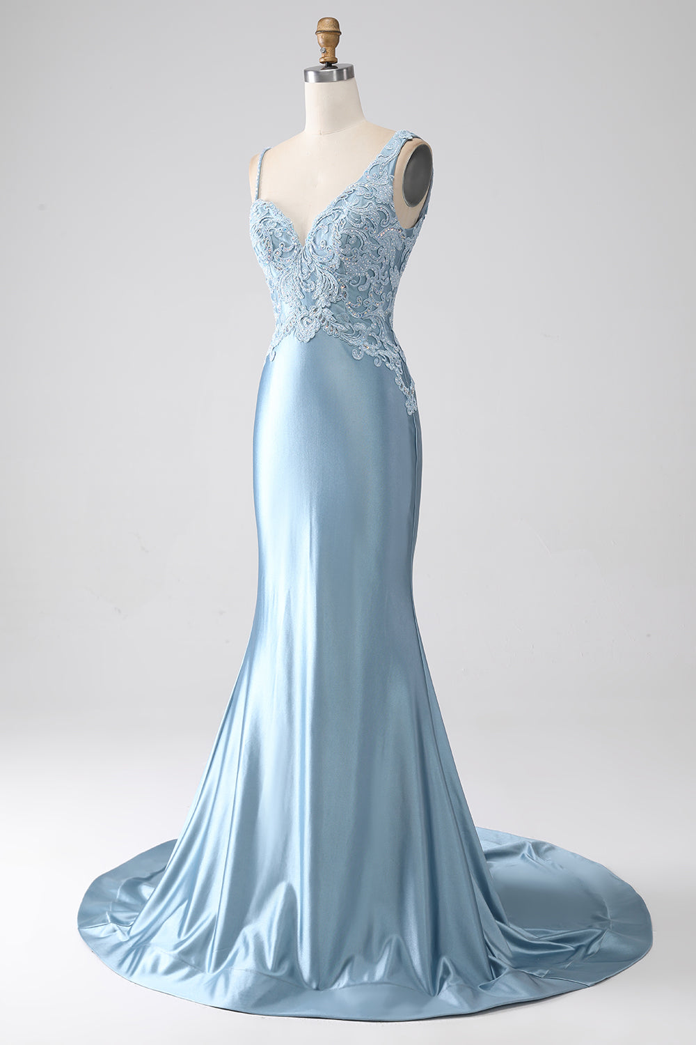 Grey Blue Mermaid Spaghetti Straps Long Beaded Ball Dress With Appliques