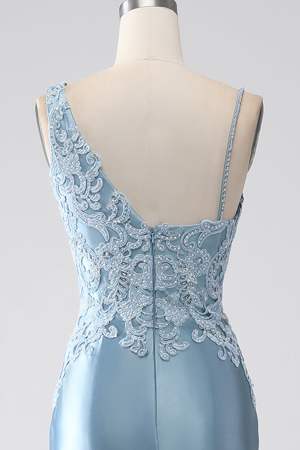 Grey Blue Mermaid Spaghetti Straps Long Beaded Ball Dress With Appliques