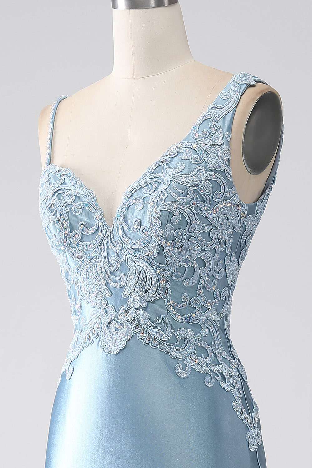 Grey Blue Mermaid Spaghetti Straps Long Beaded Ball Dress With Appliques