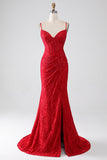 Red Mermaid Spaghetti Straps Beaded Lace Applique Ball Dress With Slit