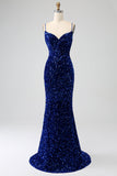 Elegant Royal Blue Mermaid Spaghetti Straps Velvet Sequin Long Ball Dress