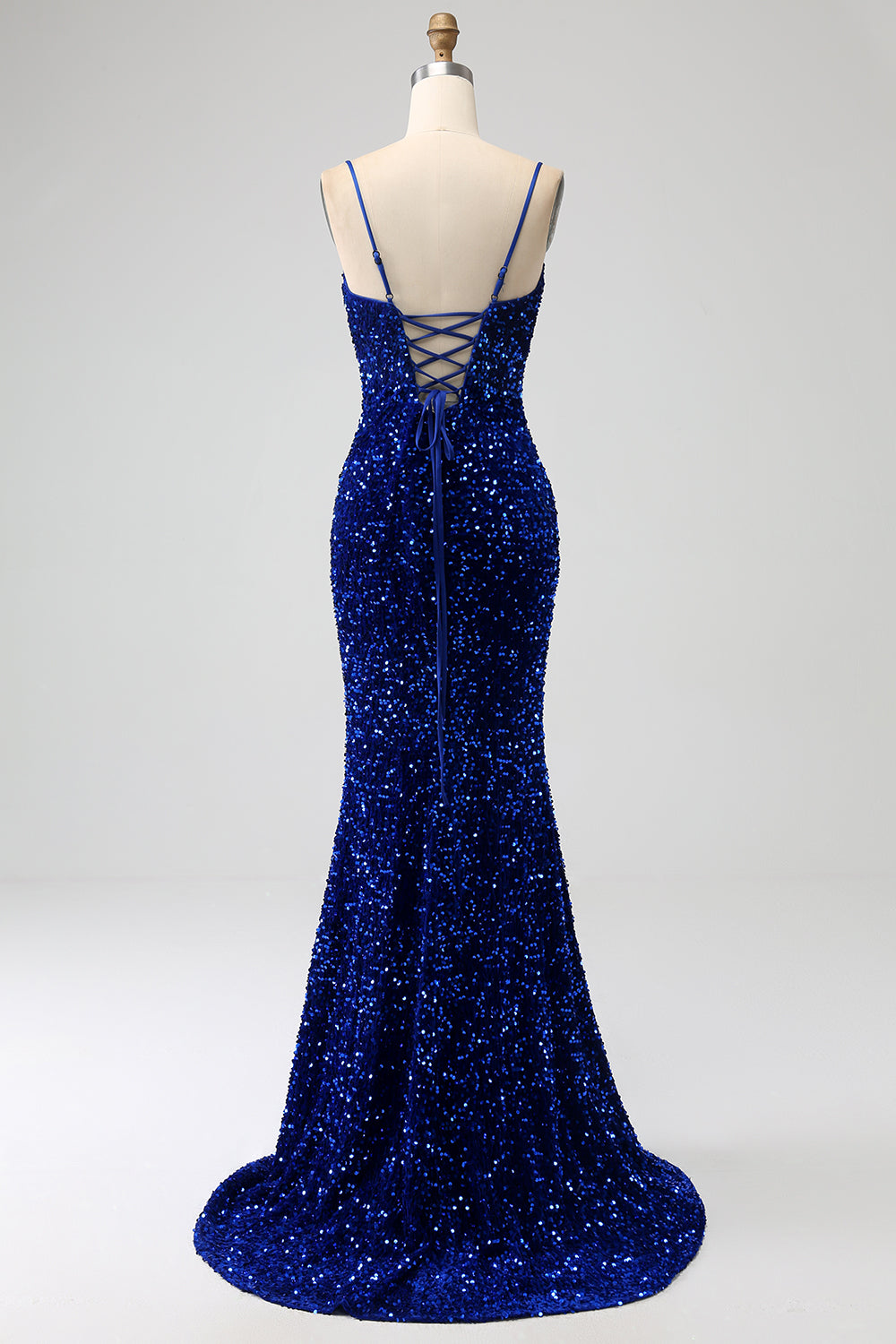 Elegant Royal Blue Mermaid Spaghetti Straps Velvet Sequin Long Ball Dress