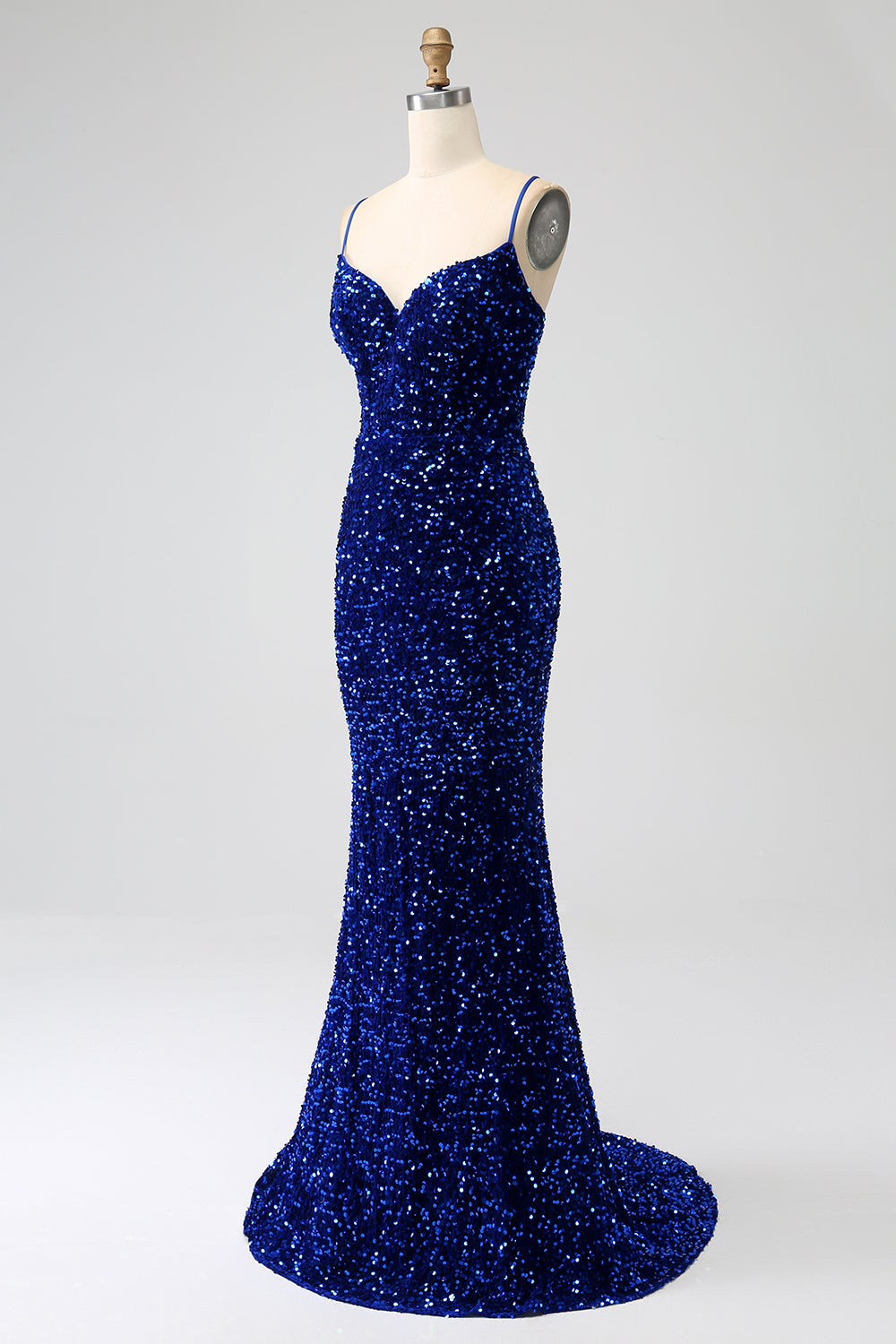 Elegant Royal Blue Mermaid Spaghetti Straps Velvet Sequin Long Ball Dress