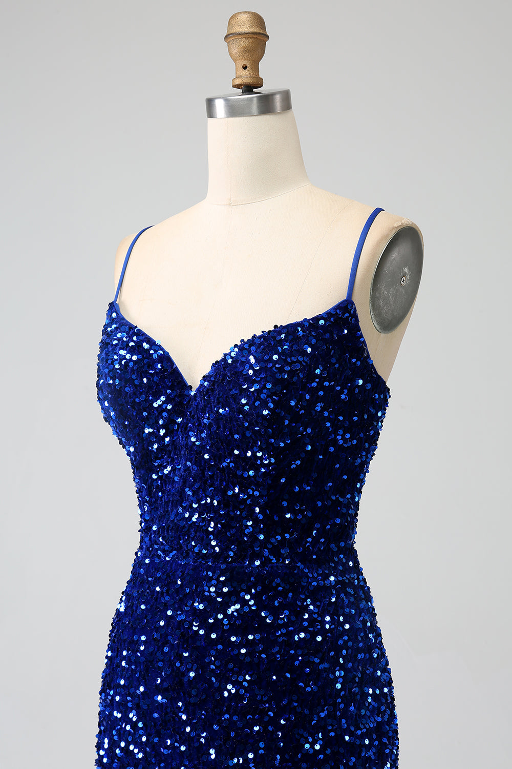 Elegant Royal Blue Mermaid Spaghetti Straps Velvet Sequin Long Ball Dress
