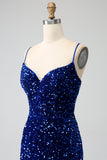 Elegant Royal Blue Mermaid Spaghetti Straps Velvet Sequin Long Ball Dress