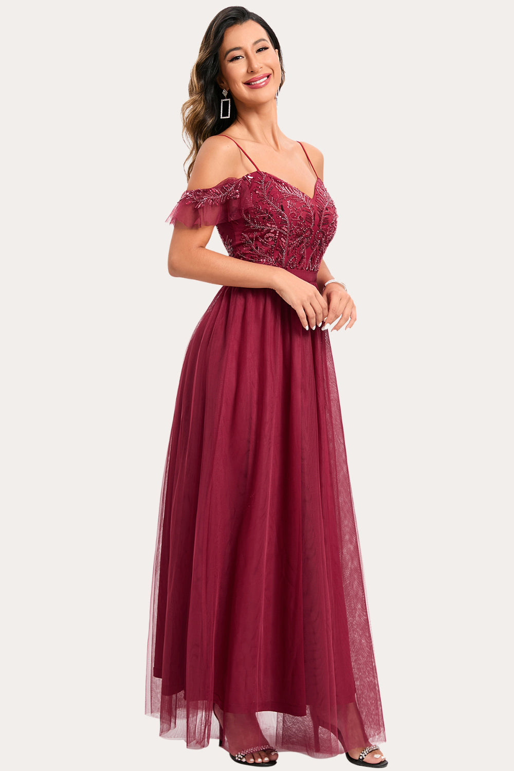 Burgundy Beaded A-Line Long Party Dress