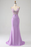Trendy Mermaid Spaghetti Straps Lilac Long Ball Dress with Appliques Beading