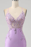 Trendy Mermaid Spaghetti Straps Lilac Long Ball Dress with Appliques Beading