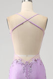 Trendy Mermaid Spaghetti Straps Lilac Long Ball Dress with Appliques Beading