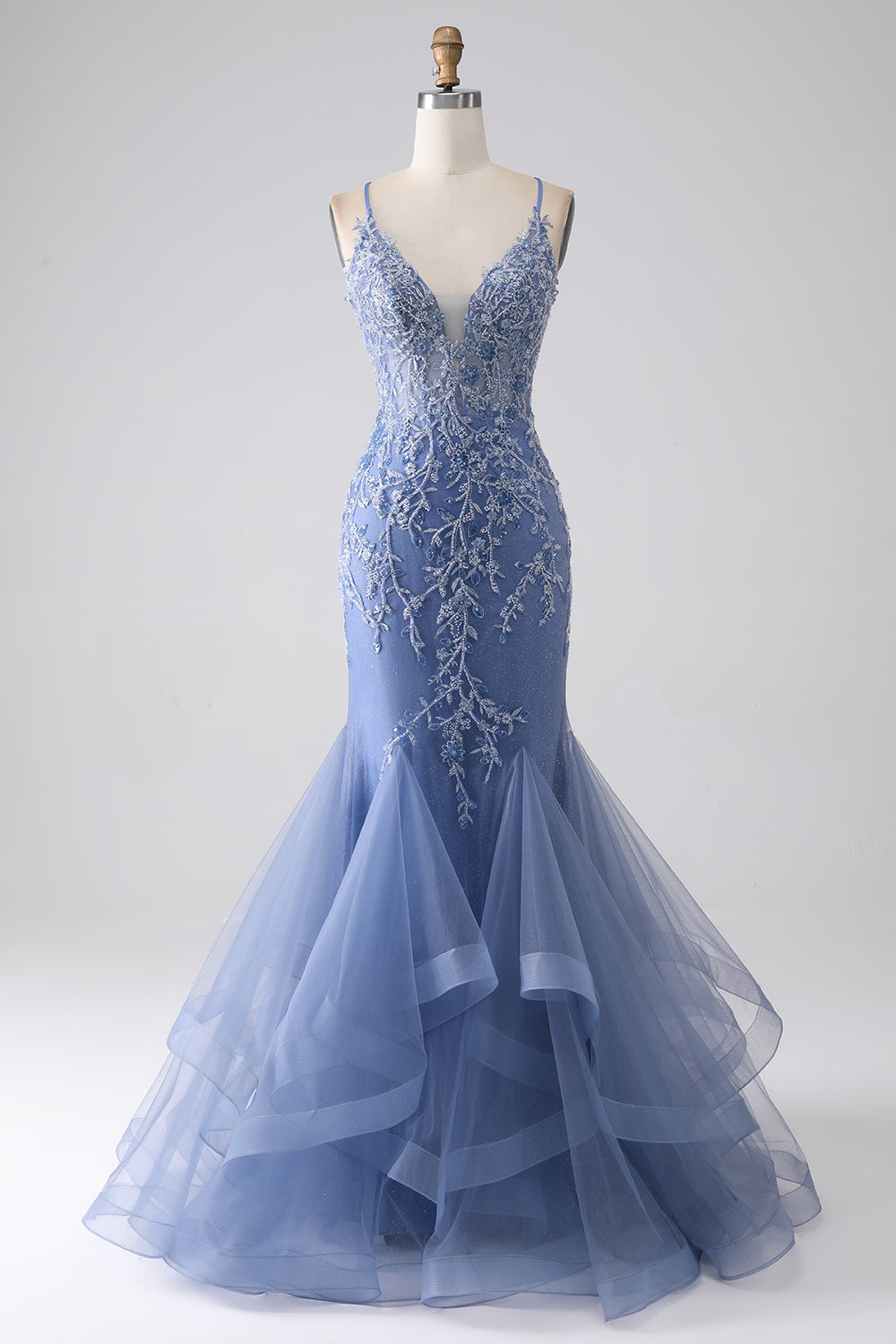Grey Blue Mermaid Spaghetti Strap Beaded Backless Ball Dress With Appliques