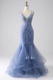 Grey Blue Mermaid Spaghetti Strap Beaded Backless Ball Dress With Appliques