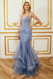 Mermaid Spaghetti Strap Beaded Backless Grey Blue Ball Dress With Appliques