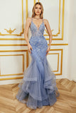 Mermaid Spaghetti Strap Beaded Backless Grey Blue Ball Dress With Appliques