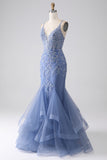 Grey Blue Mermaid Spaghetti Strap Beaded Backless Ball Dress With Appliques