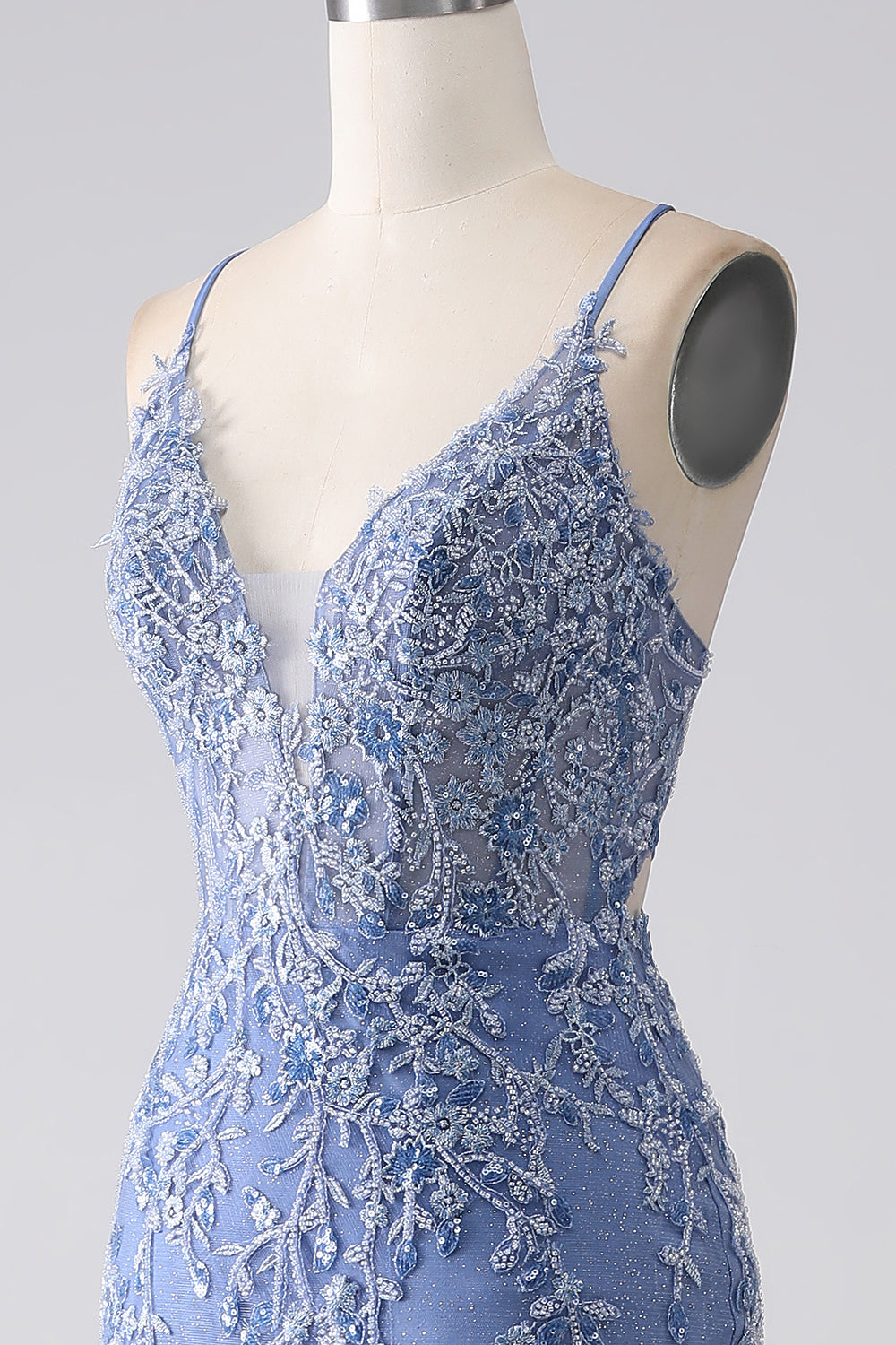 Grey Blue Mermaid Spaghetti Strap Beaded Backless Ball Dress With Appliques
