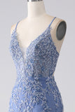 Grey Blue Mermaid Spaghetti Strap Beaded Backless Ball Dress With Appliques