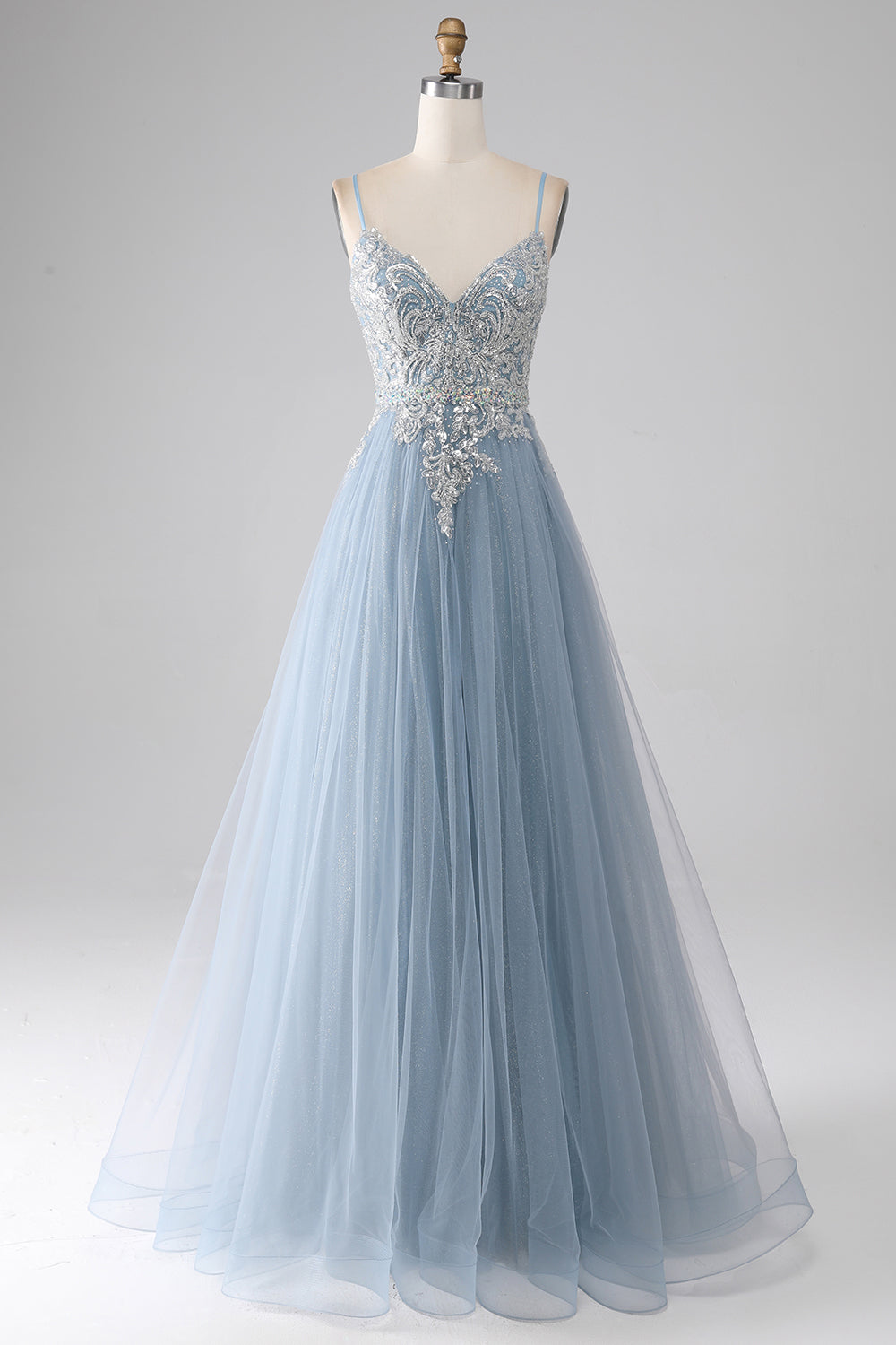 Grey Blue A-Line Spaghetti Straps Sparkly Sequin Long Ball Dress