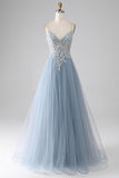 Grey Blue A-Line Spaghetti Straps Sparkly Sequin Long Ball Dress