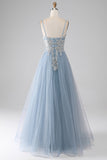 Grey Blue A-Line Spaghetti Straps Sparkly Sequin Long Ball Dress