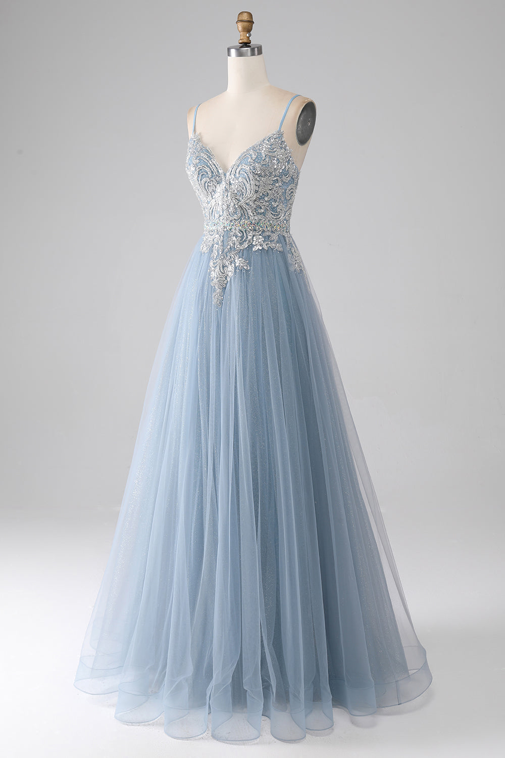 Grey Blue A-Line Spaghetti Straps Sparkly Sequin Long Ball Dress