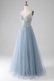Grey Blue A-Line Spaghetti Straps Sparkly Sequin Long Ball Dress