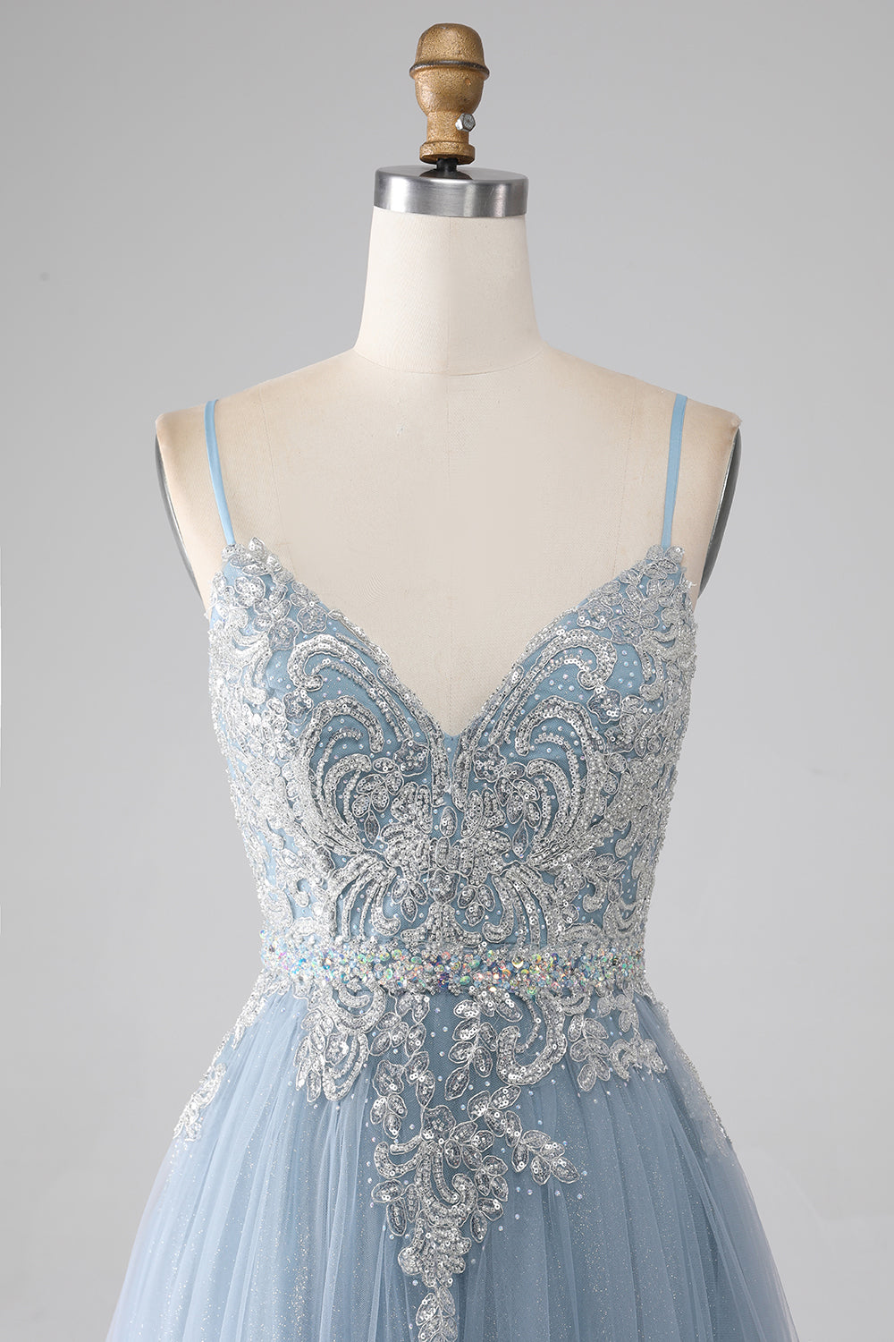 Grey Blue A-Line Spaghetti Straps Sparkly Sequin Long Ball Dress