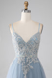 Grey Blue A-Line Spaghetti Straps Sparkly Sequin Long Ball Dress