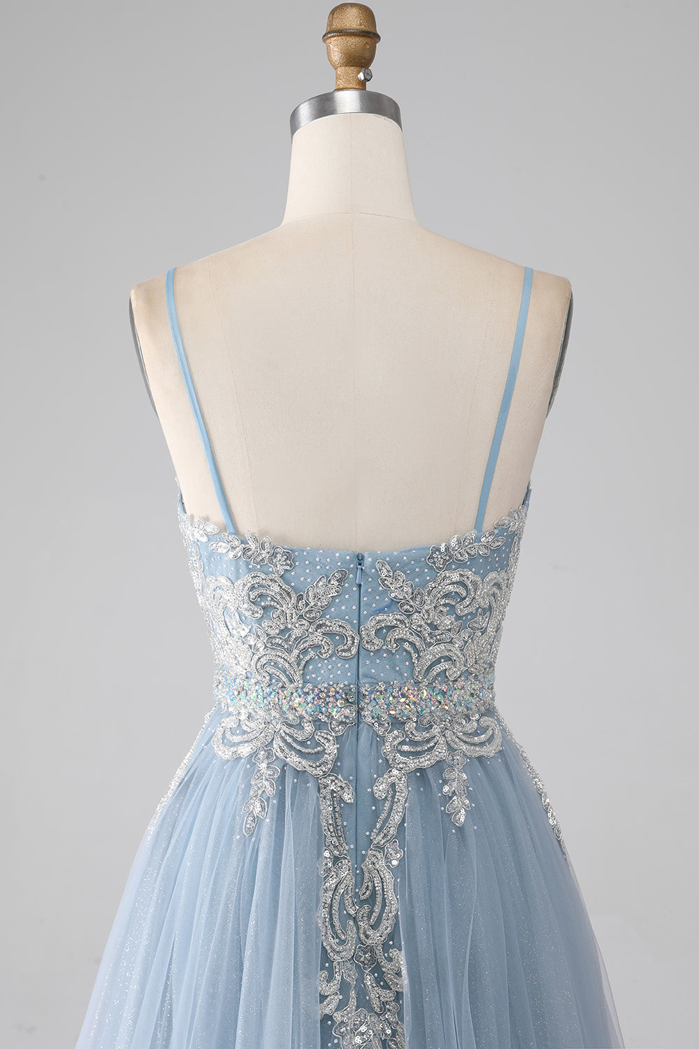Grey Blue A-Line Spaghetti Straps Sparkly Sequin Long Ball Dress