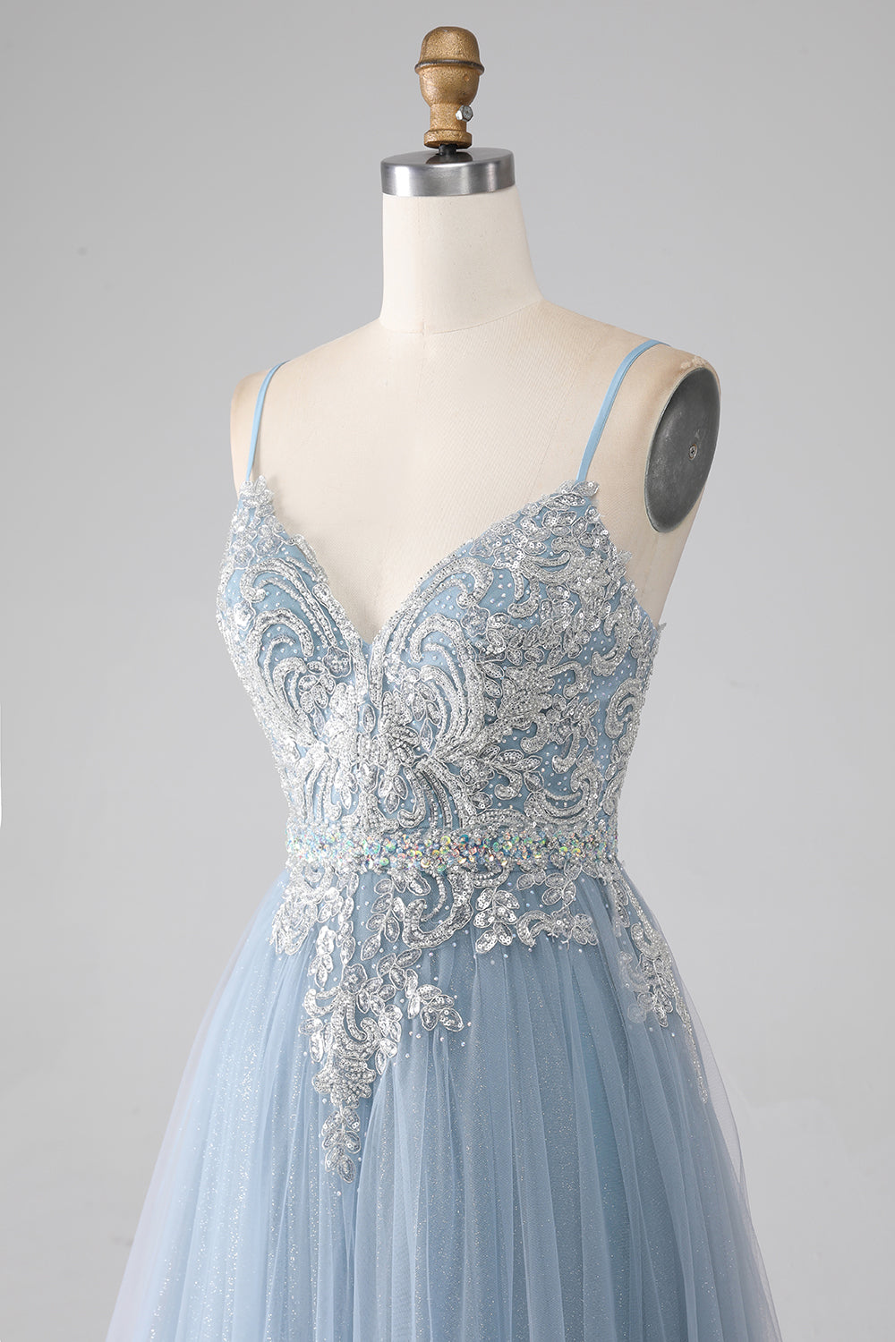 Grey Blue A-Line Spaghetti Straps Sparkly Sequin Long Ball Dress