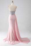 Pink Mermaid Strapless Beaded Pleated Long Ball Dress With High Slit