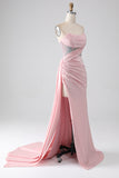 Pink Mermaid Strapless Beaded Pleated Long Ball Dress With High Slit