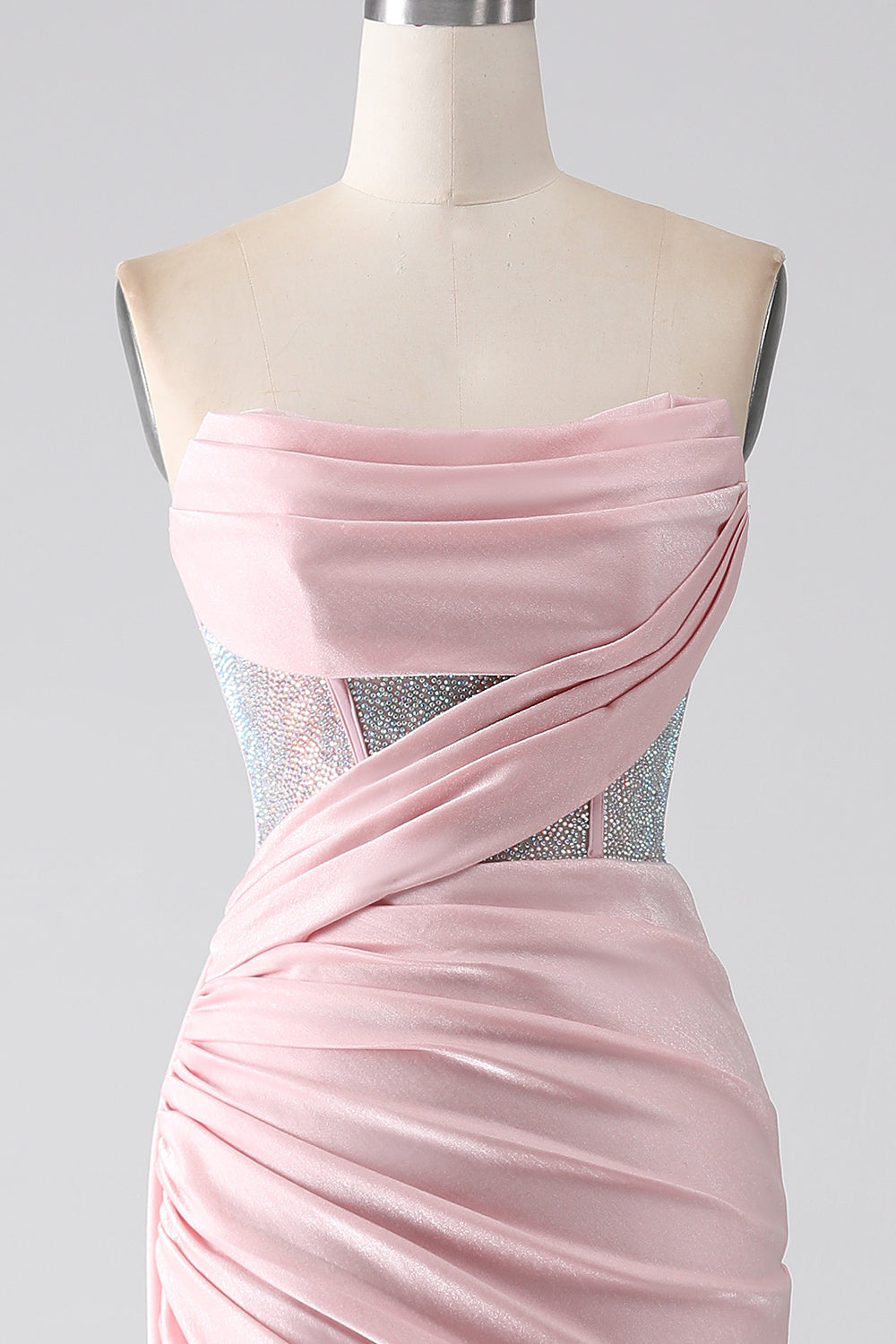 Pink Mermaid Strapless Beaded Pleated Long Ball Dress With High Slit