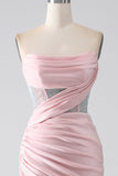 Pink Mermaid Strapless Beaded Pleated Long Ball Dress With High Slit