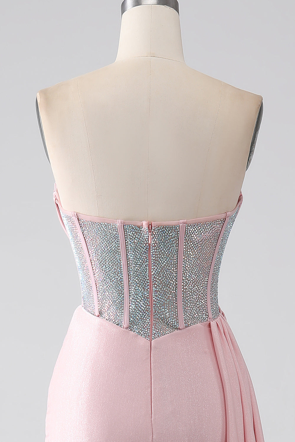 Pink Mermaid Strapless Beaded Pleated Long Ball Dress With High Slit