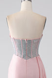 Pink Mermaid Strapless Beaded Pleated Long Ball Dress With High Slit