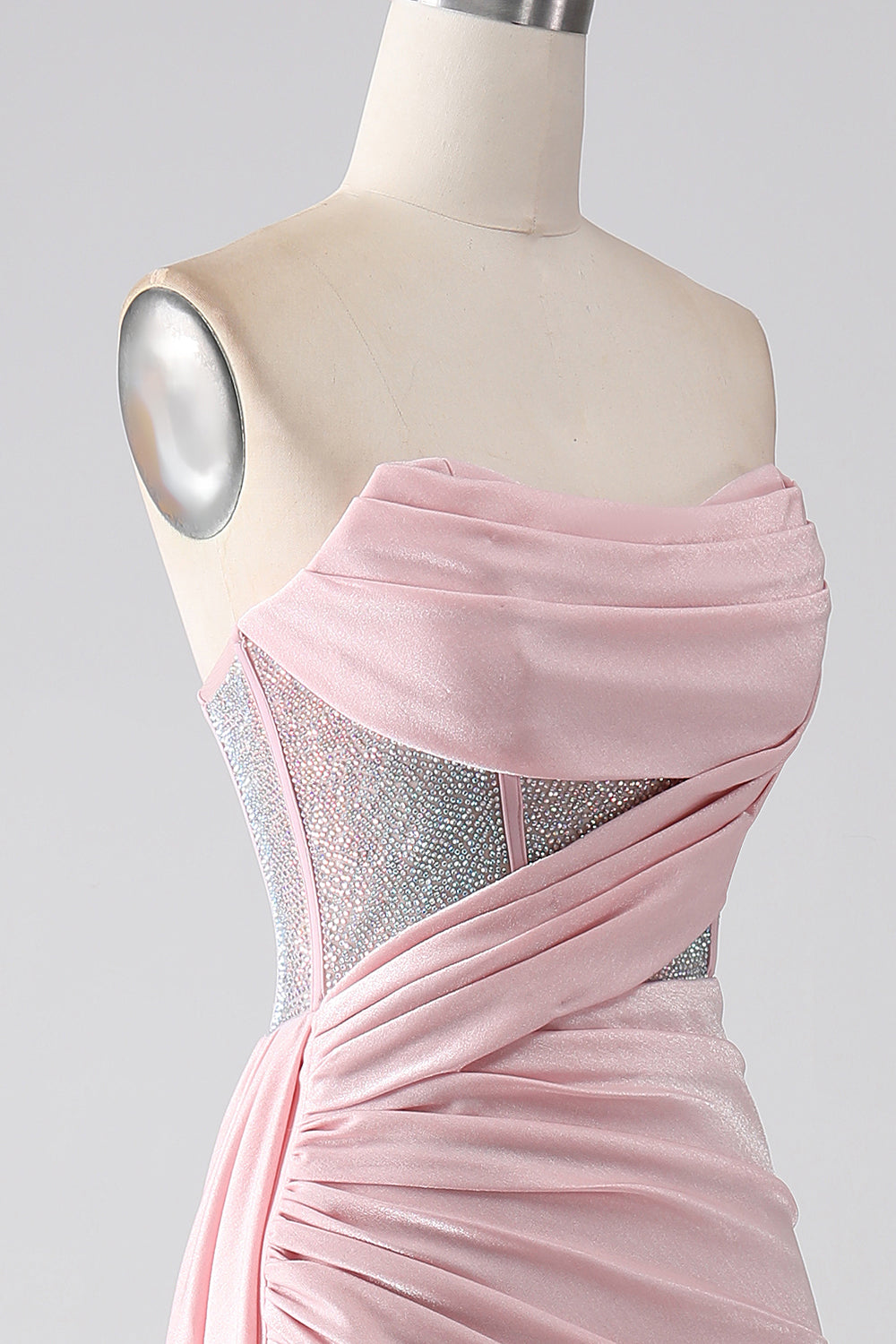 Pink Mermaid Strapless Beaded Pleated Long Ball Dress With High Slit