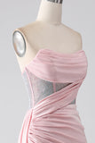 Pink Mermaid Strapless Beaded Pleated Long Ball Dress With High Slit