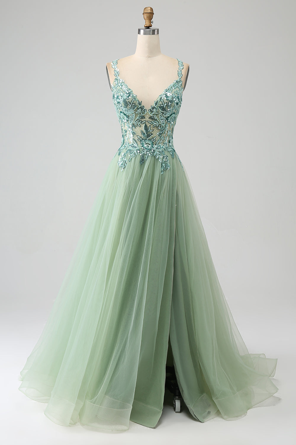 Gorgeous A Line V Neck Light Green Long Ball Dress with Appliques