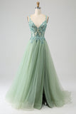 Gorgeous A Line V Neck Light Green Long Ball Dress with Appliques