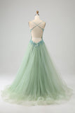 Gorgeous A Line V Neck Light Green Long Ball Dress with Appliques