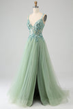 Gorgeous A Line V Neck Light Green Long Ball Dress with Appliques