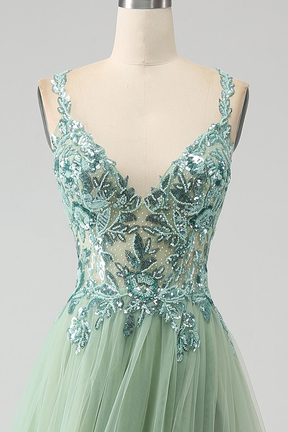 Gorgeous A Line V Neck Light Green Long Ball Dress with Appliques