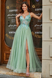 A-Line V Neck Split Tulle Light Green Ball Dress with Appliqued Beading