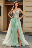 A-Line V Neck Floor-Length Beaded Tulle Light Green Ball Dress with Slit