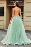 A-Line V Neck Floor-Length Beaded Tulle Light Green Ball Dress with Slit