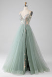 A-Line Beaded Light Green Ball Dress with Slit