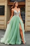 A-Line V Neck Floor-Length Beaded Tulle Light Green Ball Dress with Slit